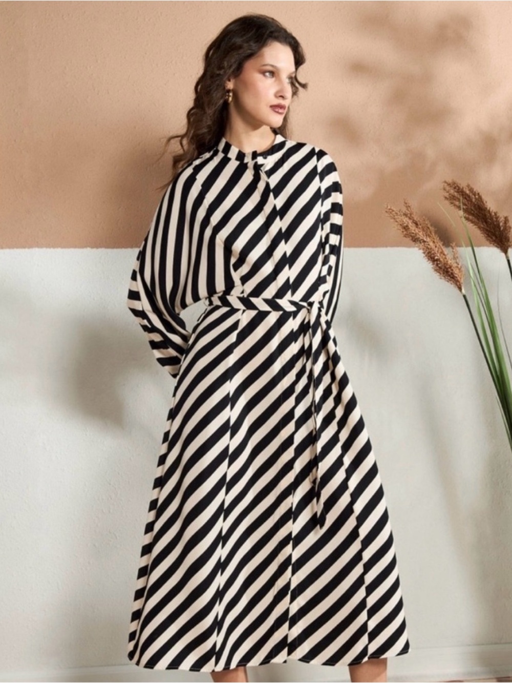 H&M Black and Cream Striped Belted Midi Dress
